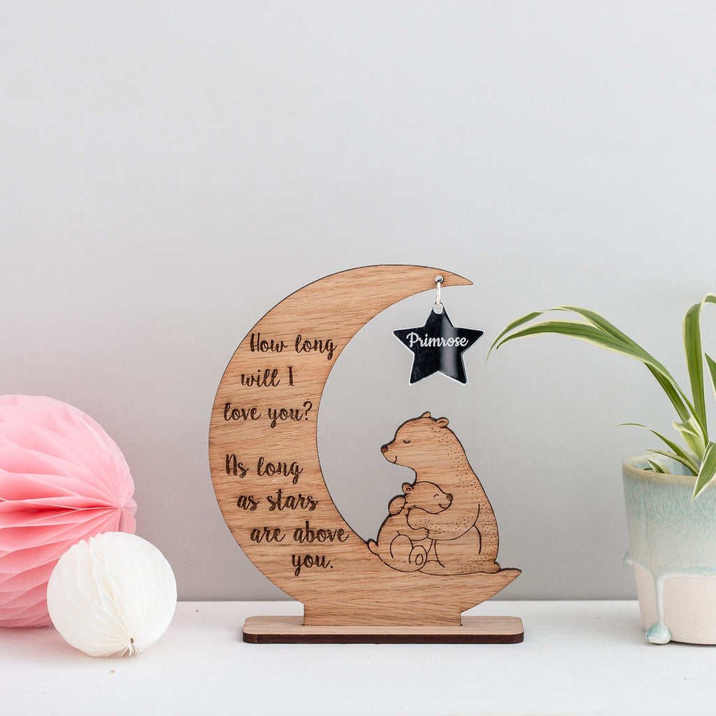 'How long will I love you.....' Personalised Moon, Star and Bear decoration