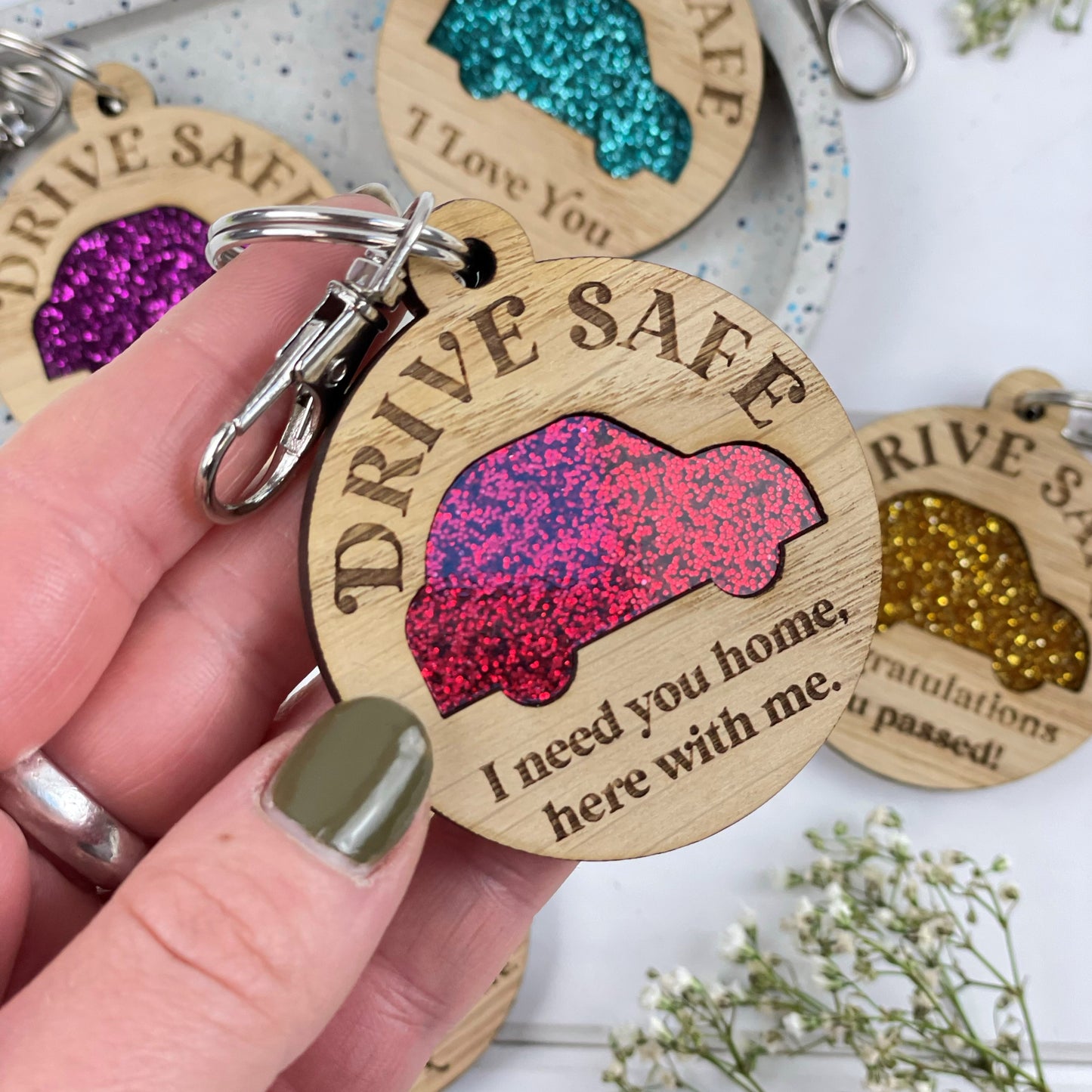 Glitter Car Drive Safe Keyring