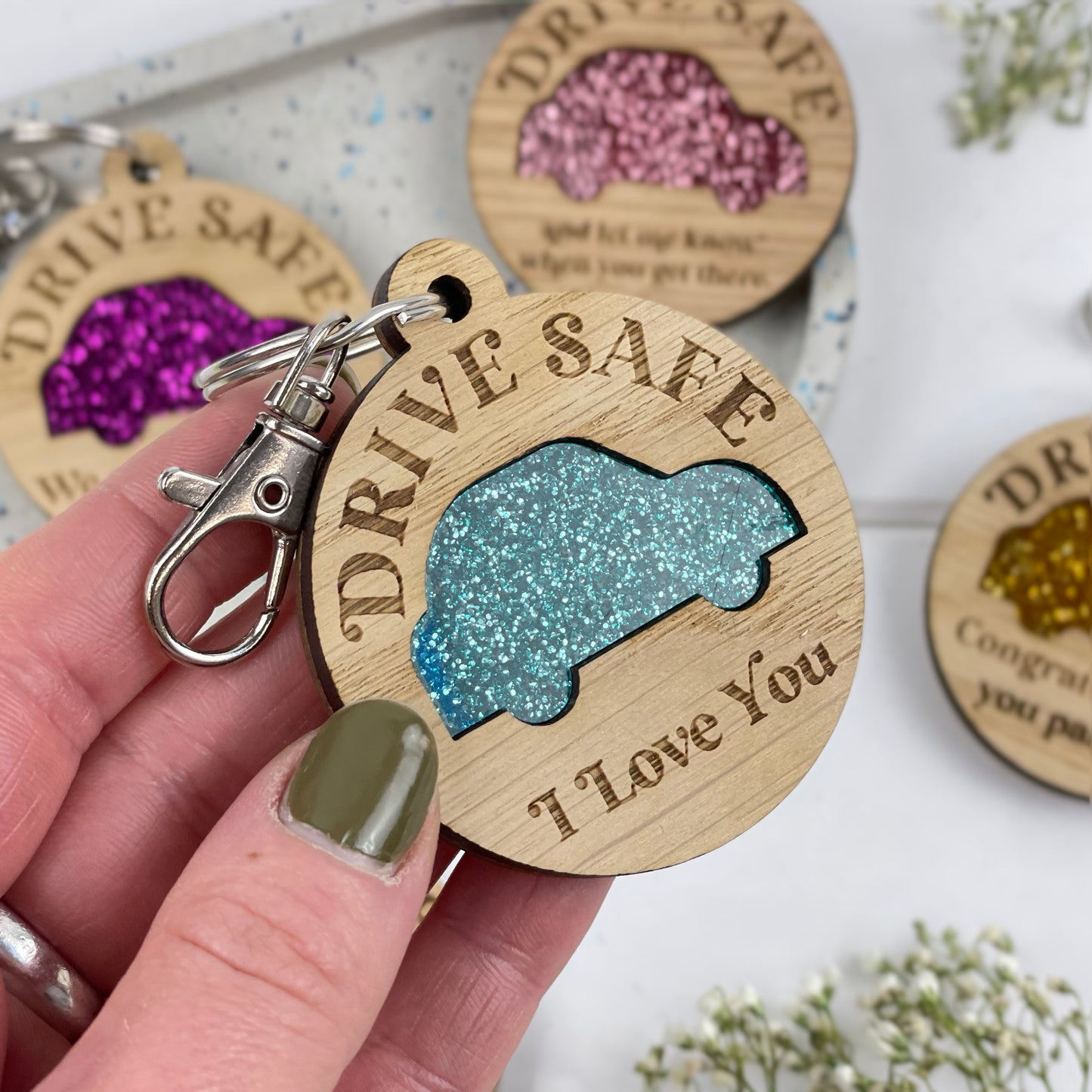 Glitter Car Drive Safe Keyring