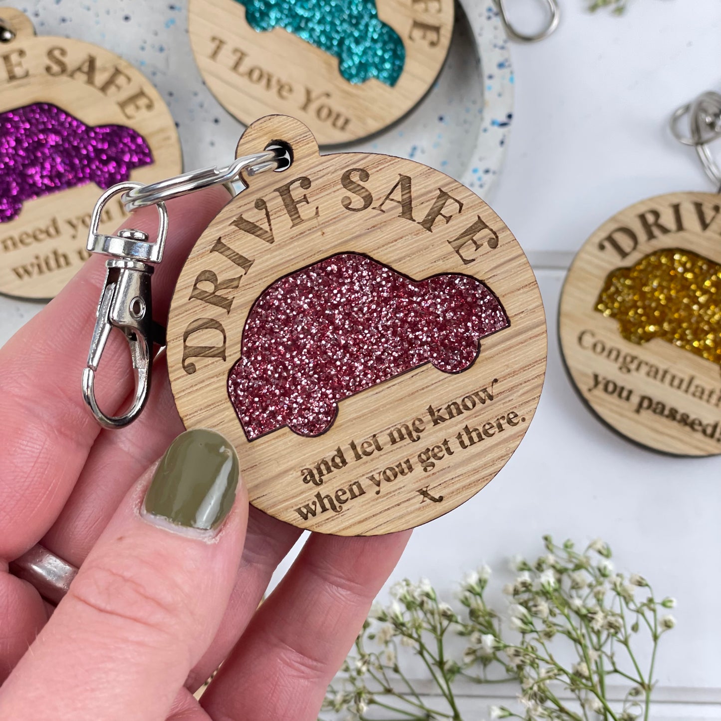 Glitter Car Drive Safe Keyring