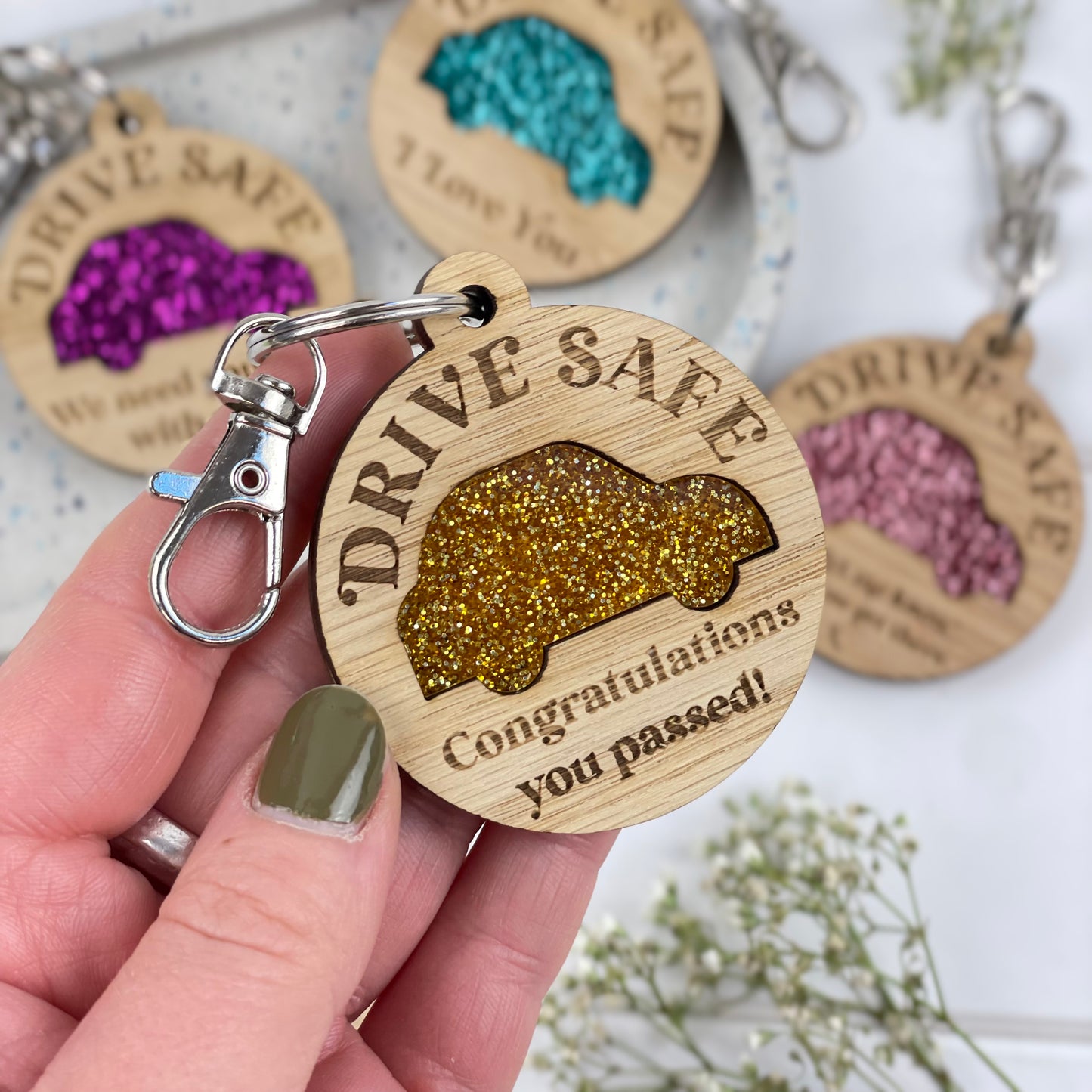 Glitter Car Drive Safe Keyring