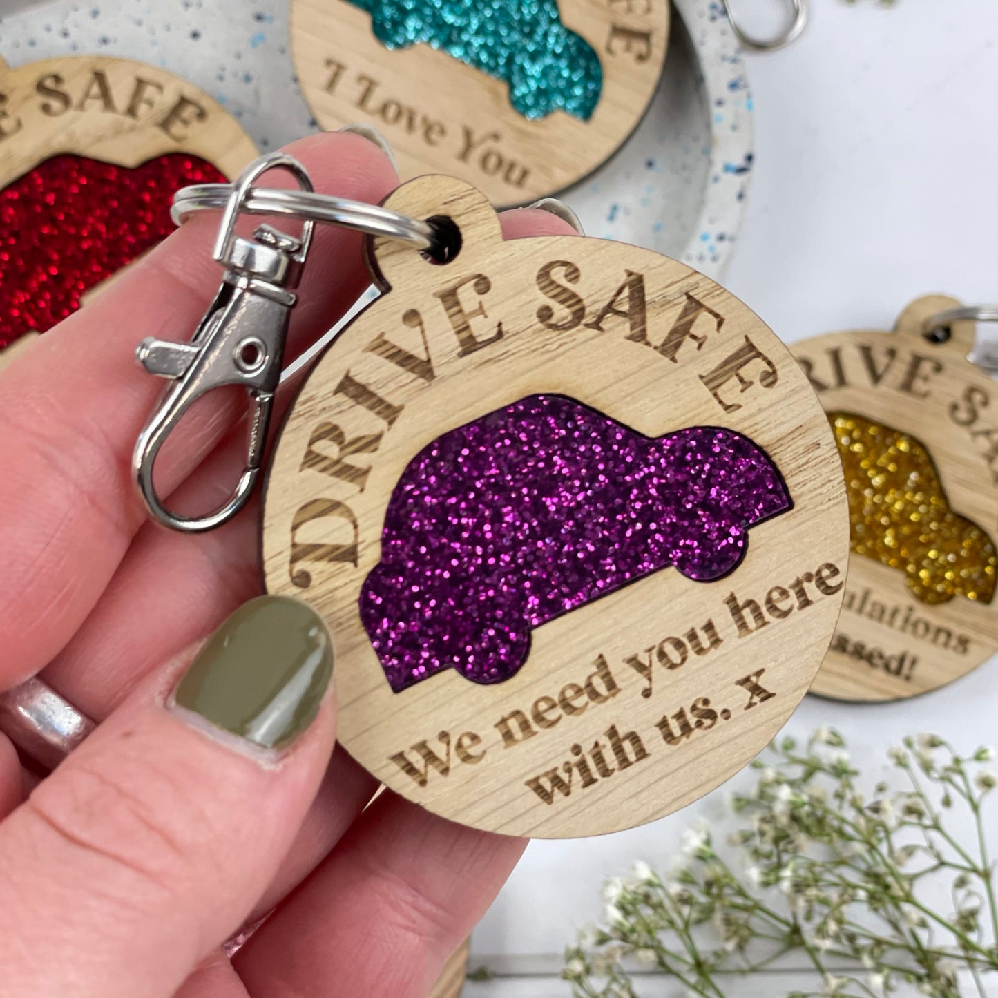 Glitter Car Drive Safe Keyring