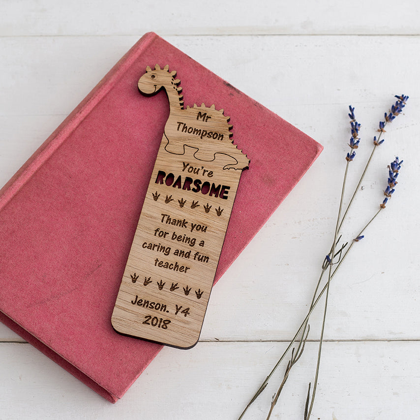 Personalised Dinosaur Teacher Bookmark - The Bespoke Workshop