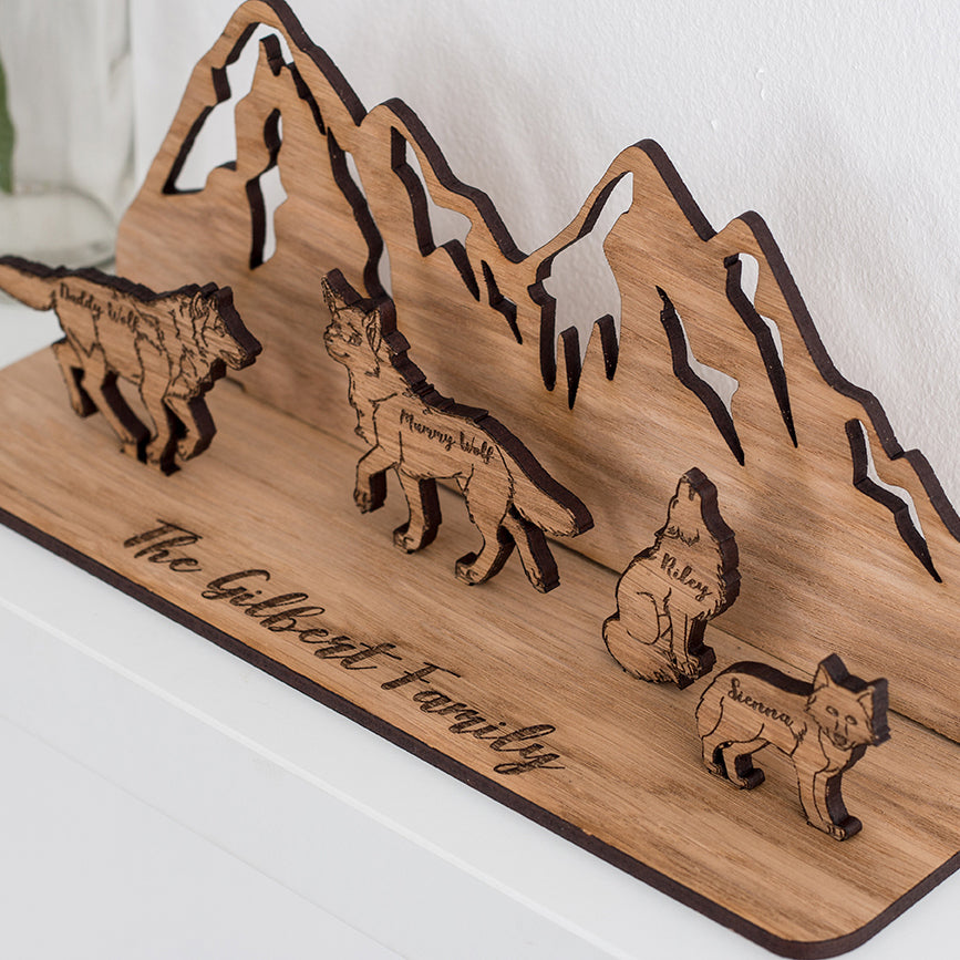 Family of Wooden Personalised Wolves