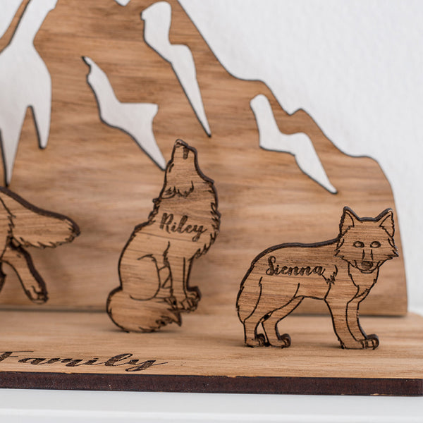 Family of Wooden Personalised Wolves