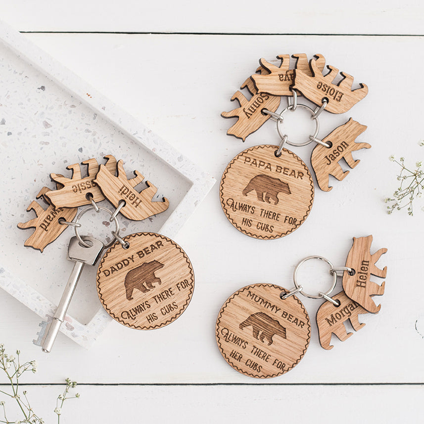 Personalised Bear & Cub Wooden Keyring Set - The Bespoke Workshop