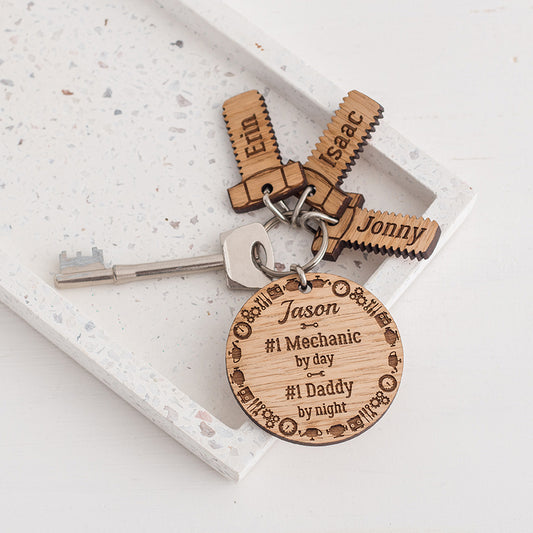 Personalised Mechanic Wooden Keyring & Charm Set