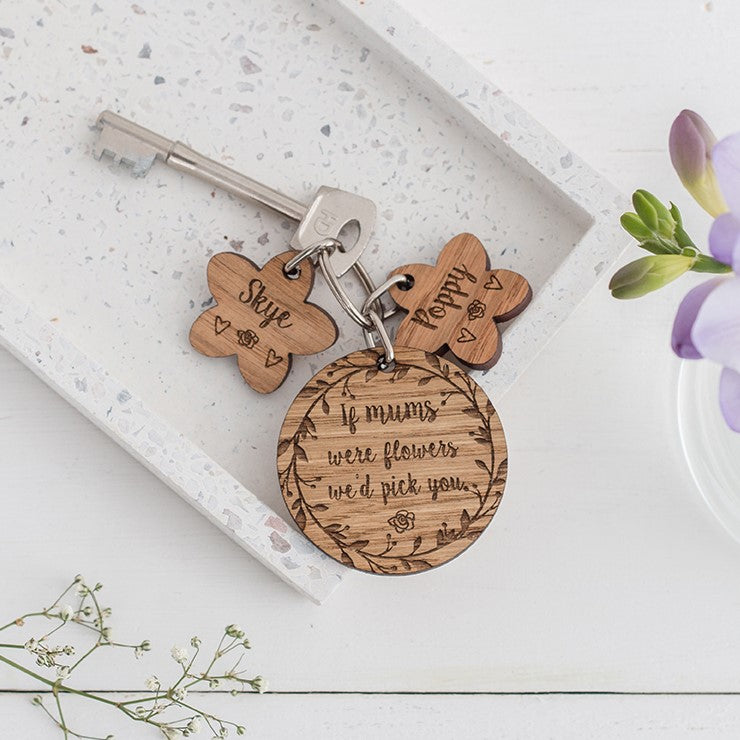 'If ....... were flowers...' Personalised Oak Keyring with Charms