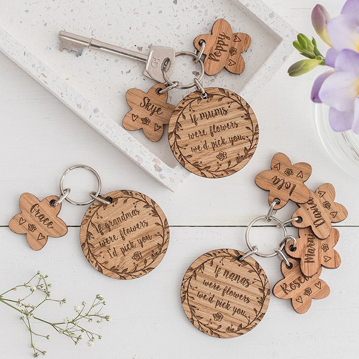 'If ....... were flowers...' Personalised Oak Keyring with Charms