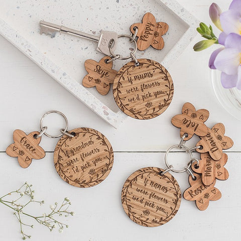 'If ....... were flowers...' Personalised Oak Keyring with Charms