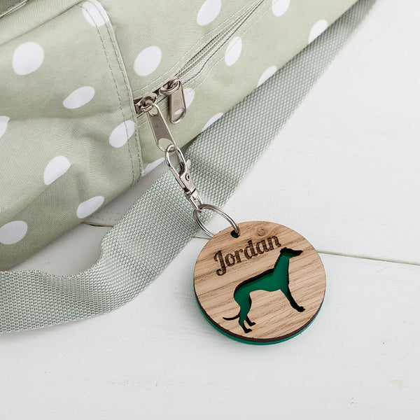 Colouful Name Keyring with a dog on it for Children going back to school, Personalised with an engraved name - The Bespoke Workshop