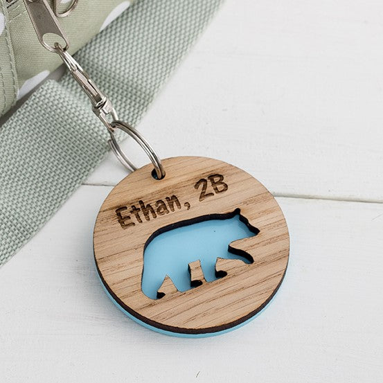 Colouful Name Bear Keyring for Children going back to school, Personalised with an engraved name - The Bespoke Workshop