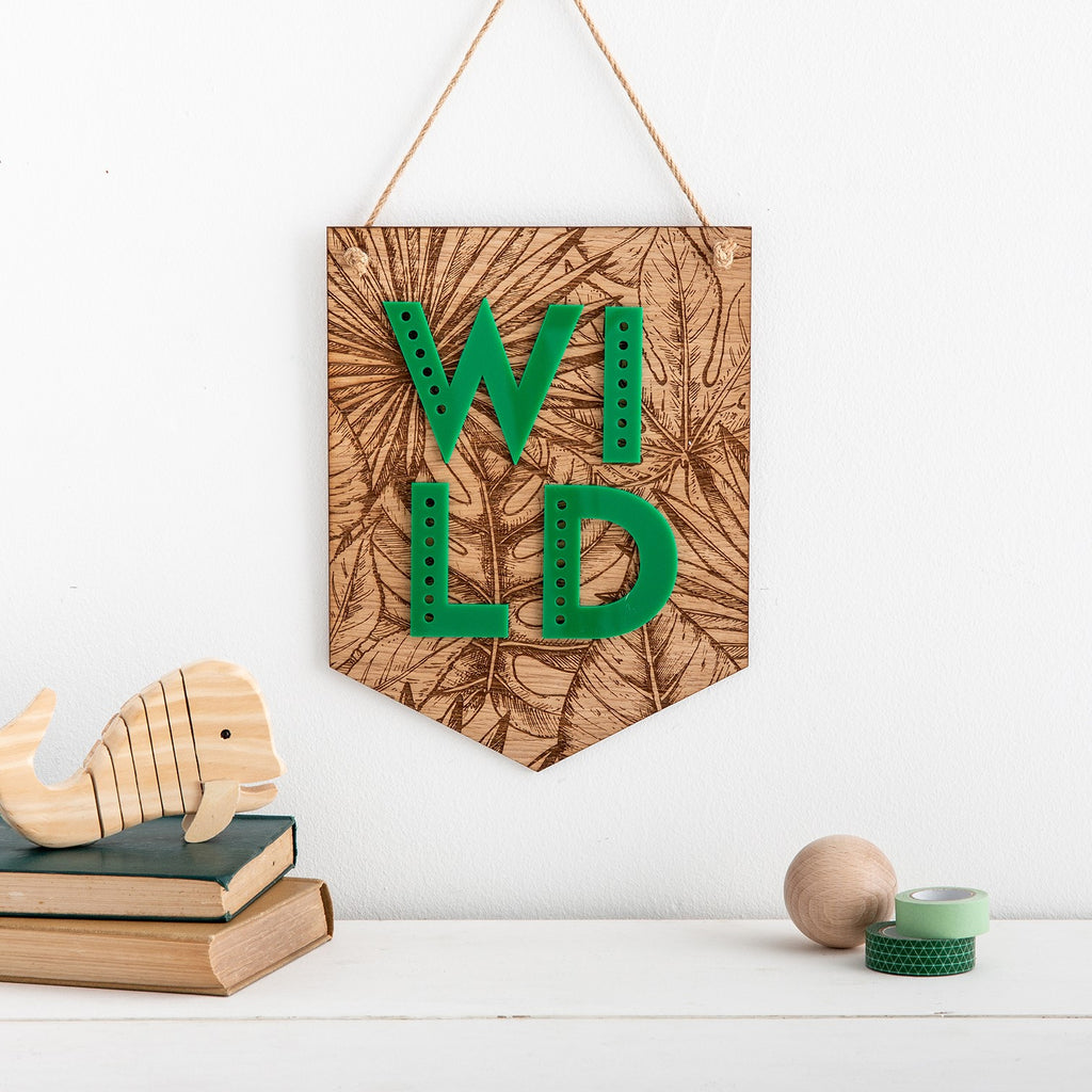 WILD Tropical Leaf Engraved Wooden Banner Wall Plaque