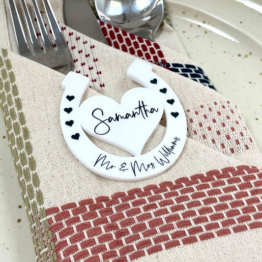 White Acrylic Wedding Horseshoe Name Place Settings