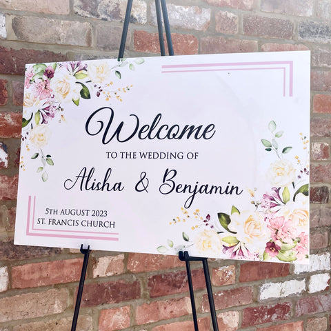 Floral Wedding Welcome Sign, Personalised Acrylic A2 Welcome Sign WBF2