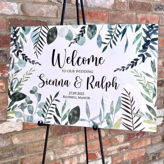 Personalised Eucalyptus Acrylic A2 Wedding Welcome Sign WBE1