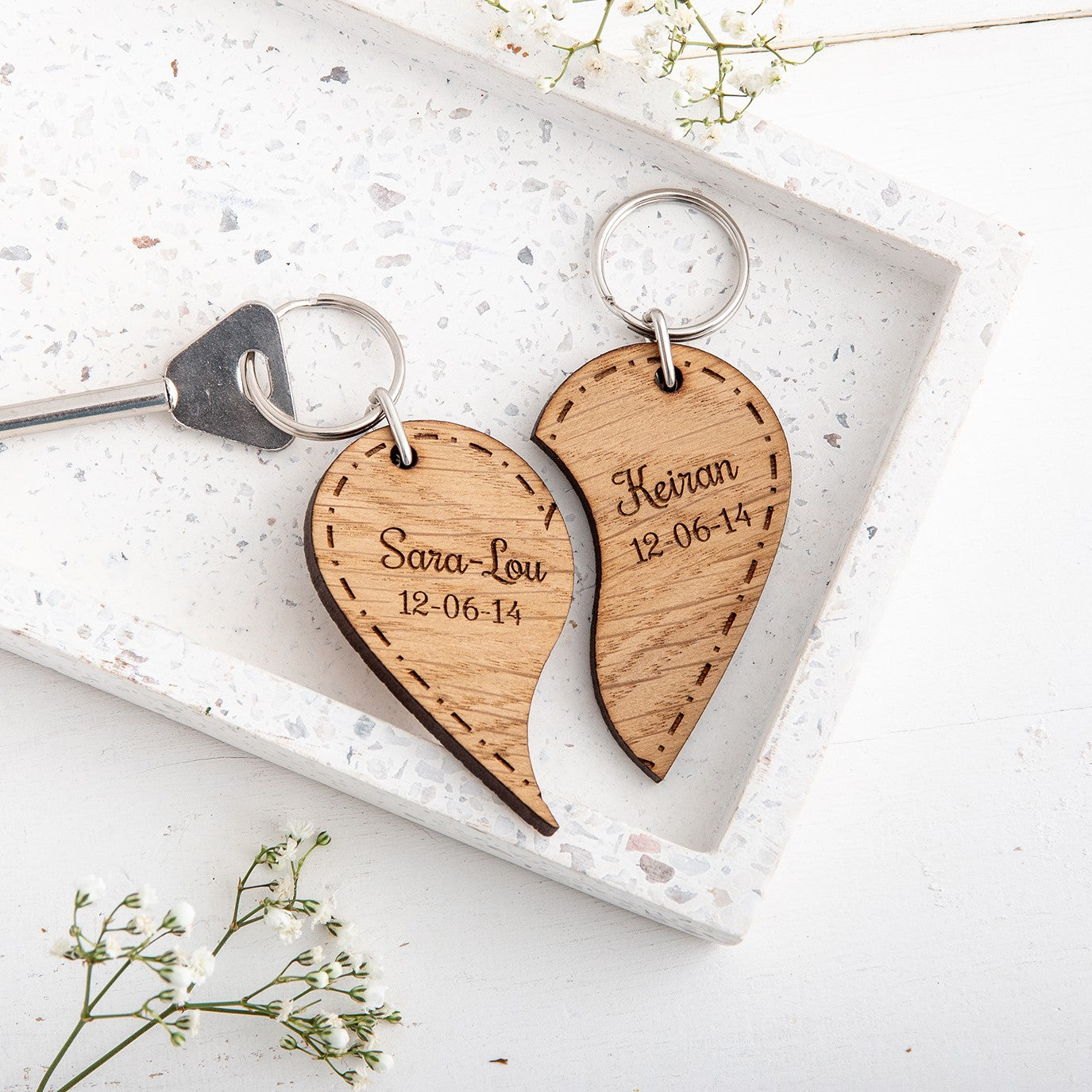 Couples Split Heart Keyrings - Personalised with names and date