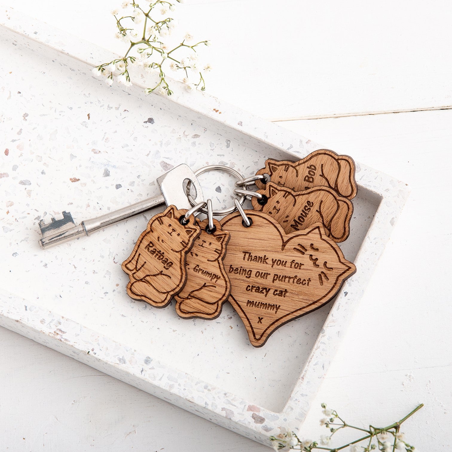 Personalised Wooden Cat Keyring & Charm Set  - The Bespoke Workshop