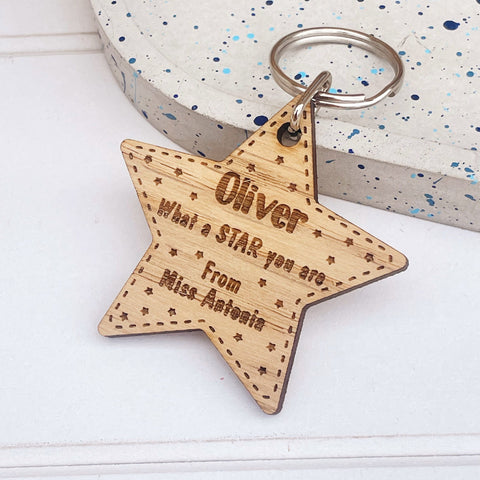 Personalised Wooden Star Keyrings - Engraved with your own words