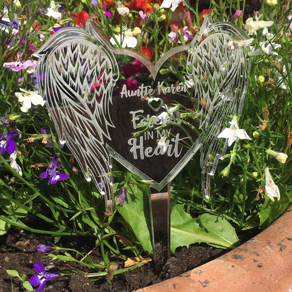 Heart Shaped Angel Wings - Silver Mirrored Memorial Ground Decoration