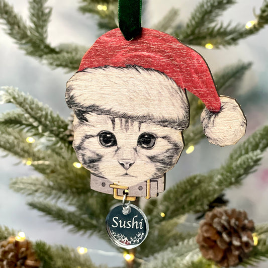 Personalised Christmas Cat Tree Decoration with Name Tag