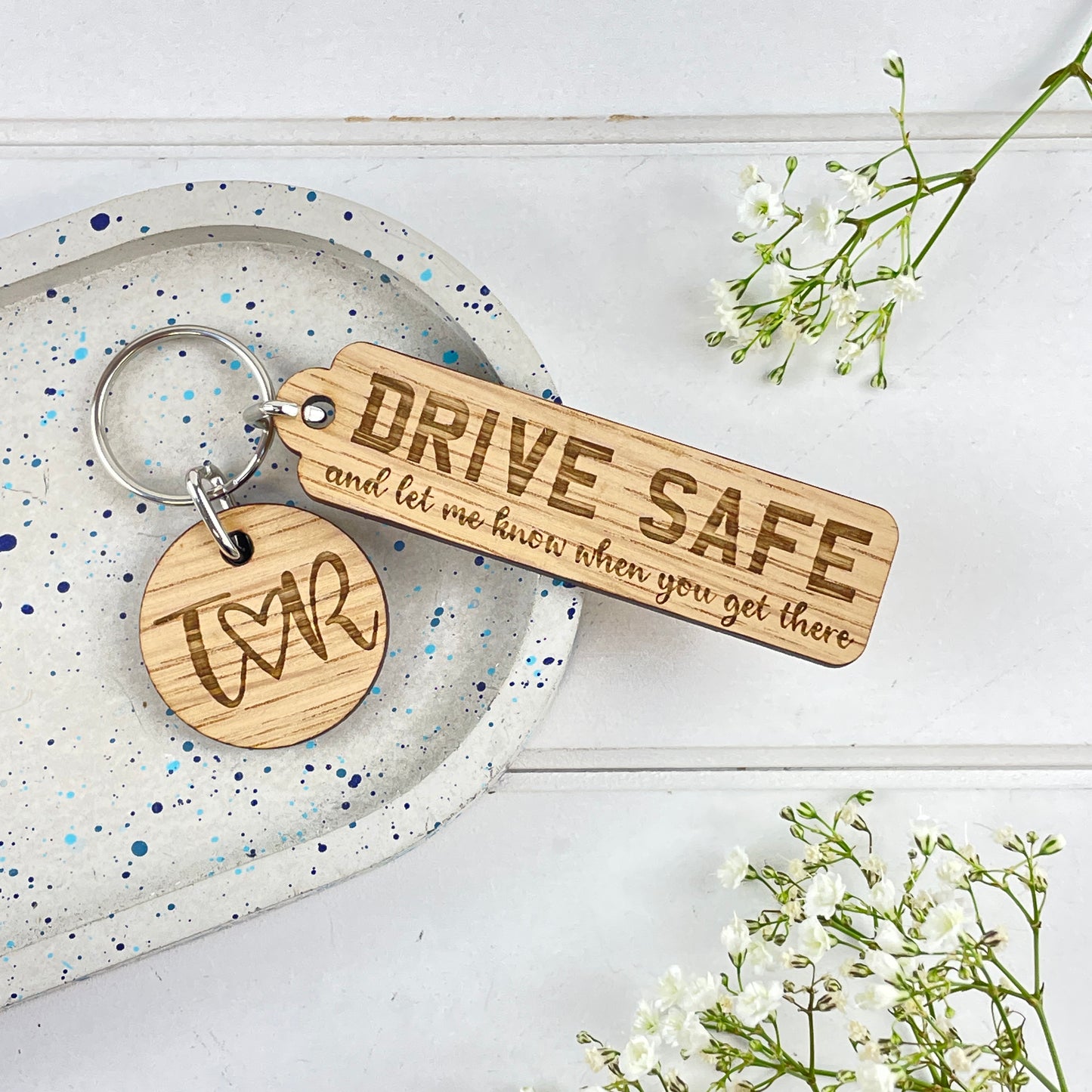 Drive Safe Wooden Keyring with Charm