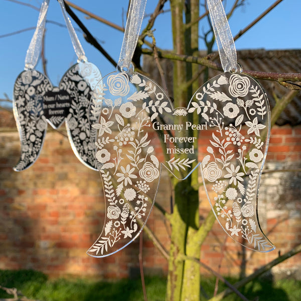 Floral Personalised Angel Wings | Remembrance Hanging Acrylic Decoration