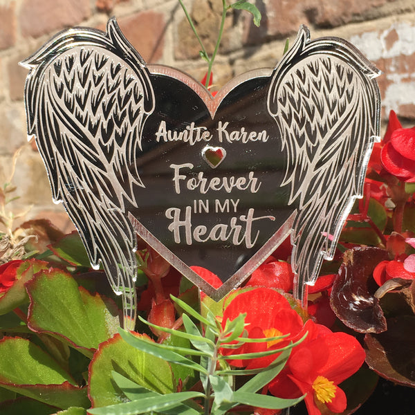 Heart Shaped Angel Wings - Silver Mirrored Memorial Ground Decoration