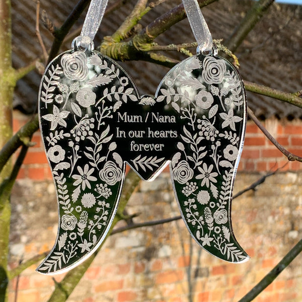 Floral Personalised Angel Wings | Remembrance Hanging Acrylic Decoration