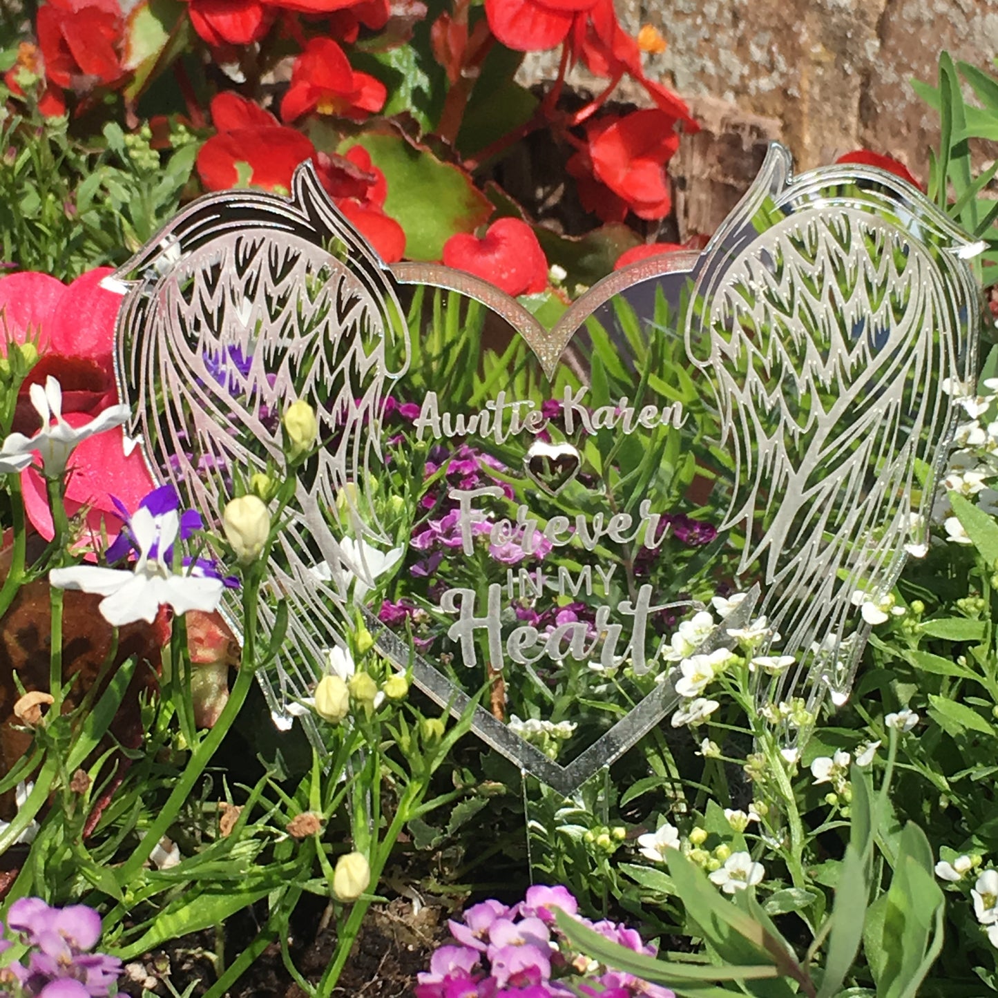 Heart Shaped Angel Wings - Silver Mirrored Memorial Ground Decoration