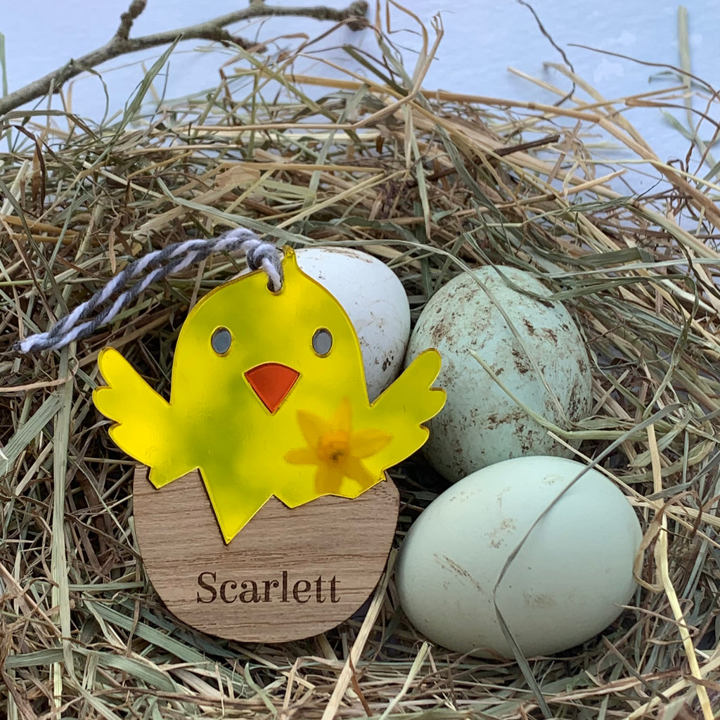 Hatching Easter Chick, Personalised Hanging Mirrored Decoration