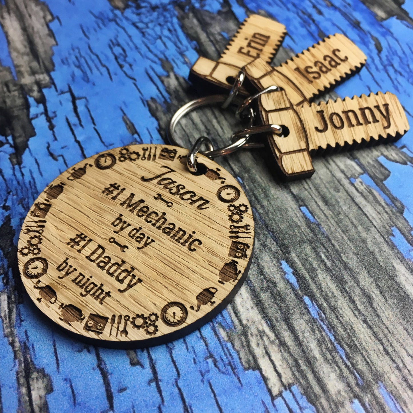 Personalised Mechanic Wooden Keyring & Charm Set