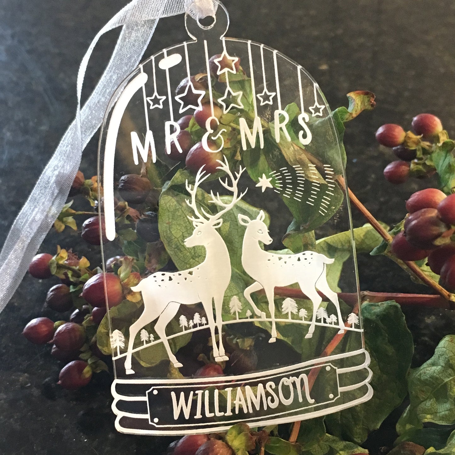 Bell Jar Christmas Decoration - Mr & Mrs Deer - Clear Acrylic