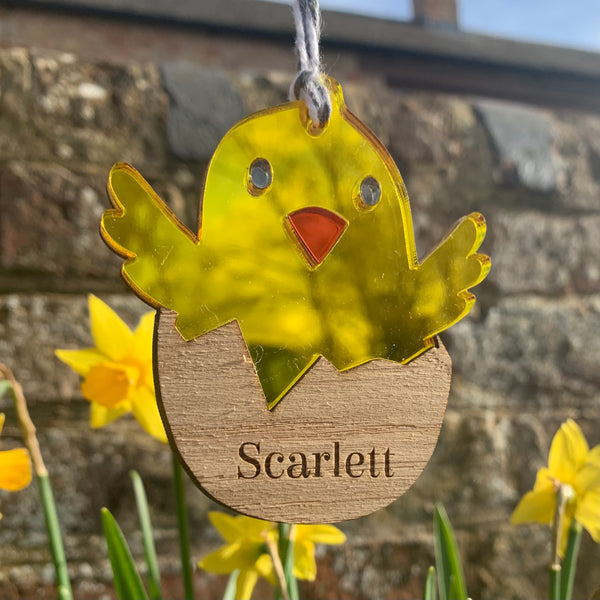 Hatching Easter Chick, Personalised Hanging Mirrored Decoration