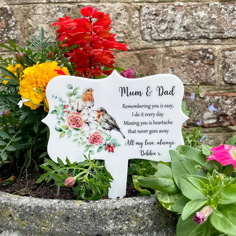 Remembrance Plaque - Personalised Floral design with 2 robins