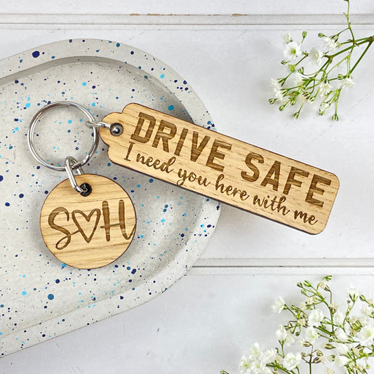 Drive Safe Wooden Keyring with Charm